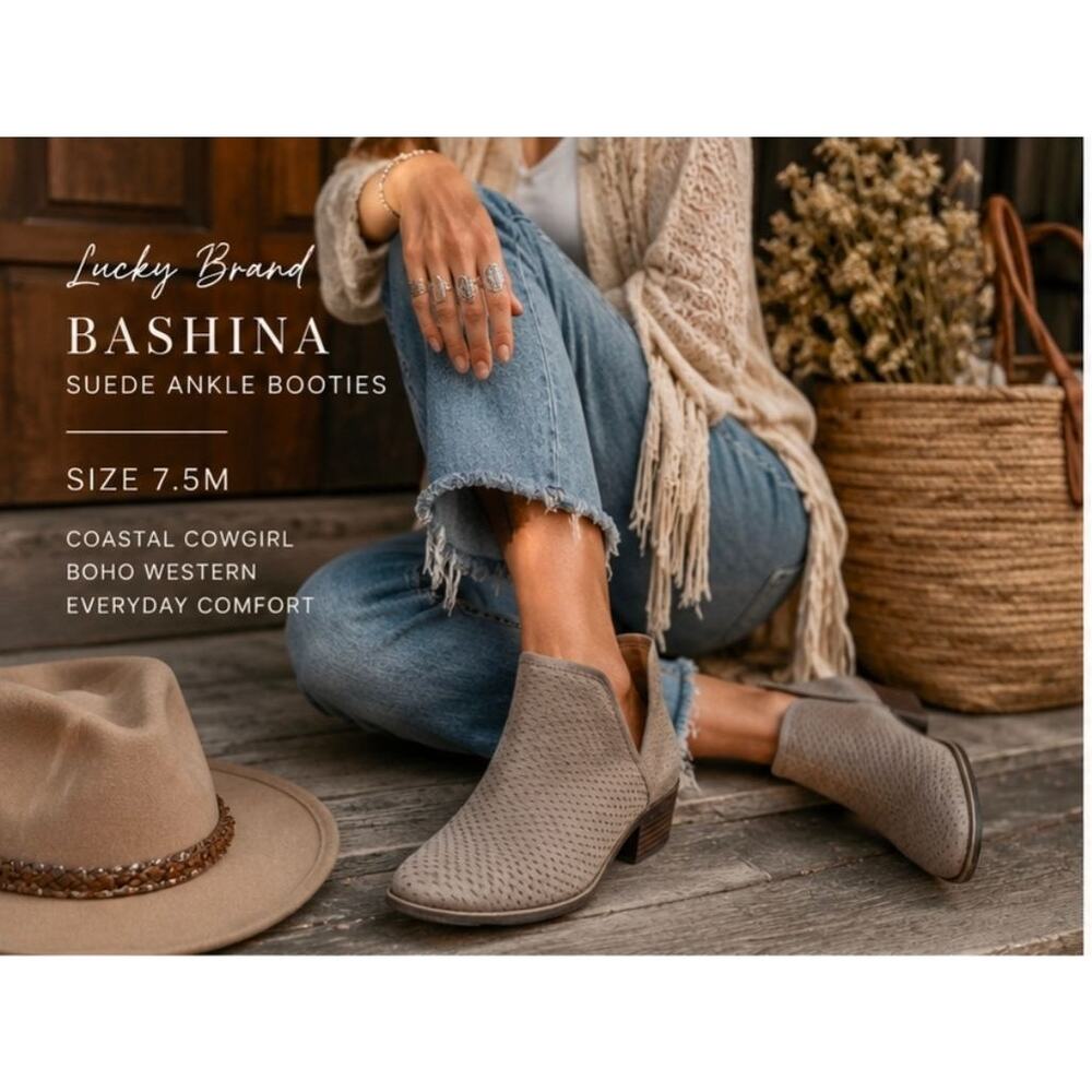 Lucky Brand Bashina Perforated Suede Booties 7.5 Taupe Coastal Cowgirl Boho